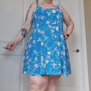 Turquoise Floral Rayon Challis Sundress - Torrid Size 4 - Mini Swing Smocked